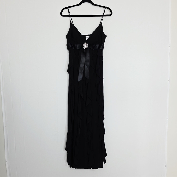 Cache Spaghetti Straps Waterfall Ruffles Black Formal Long Dress Women's Size 10 - Picture 1 of 11